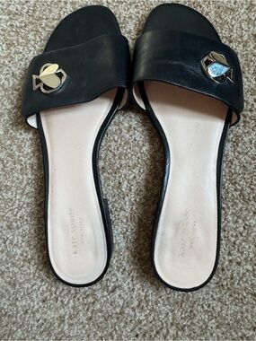 Kate Spade New York Ferry Black Leather Slide Sandals with silver logo